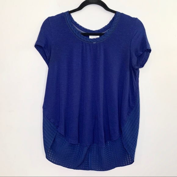 ANTHRO Deletta Blue Plaid Sheer Slice High Low Tee - Picture 1 of 10